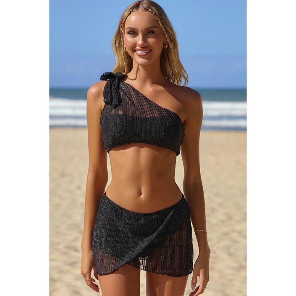 Beachsissi One Shoulder Mesh Patchwork with Skirt Bikini Set Black NWT! Sz Smal